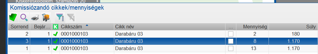 Komissiózásnál készlet ellenőrzés után a betárolható 23 db