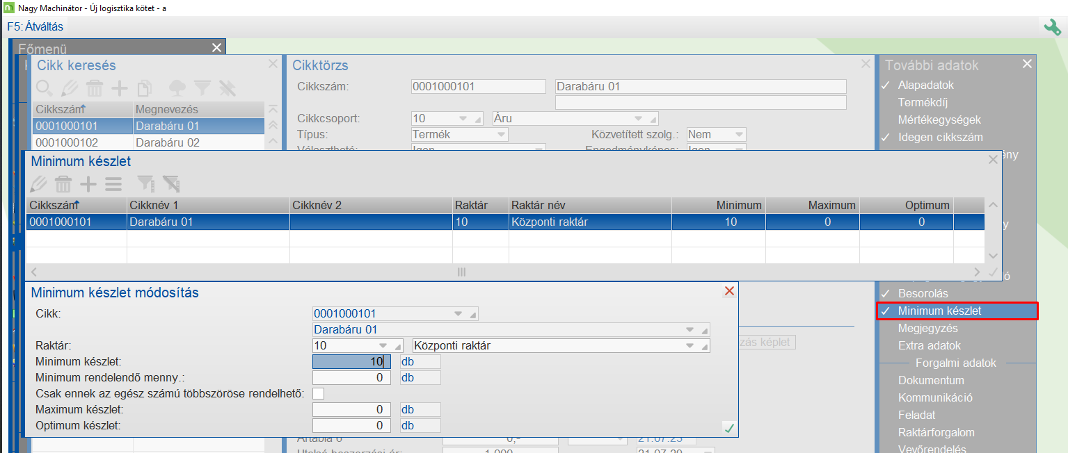 Minimumkészlet megadása