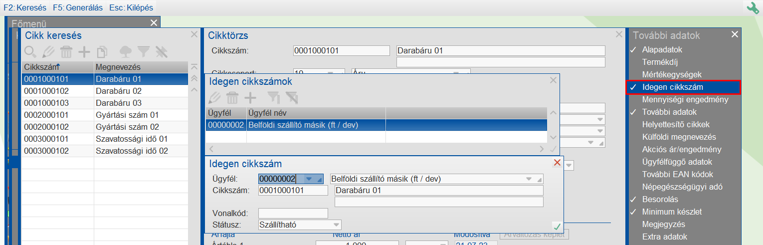 Szállító és a szállítói cikkszám megadása