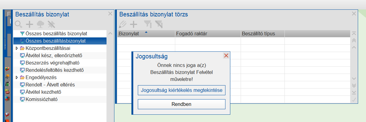 Jogosultságkezelés üzenete