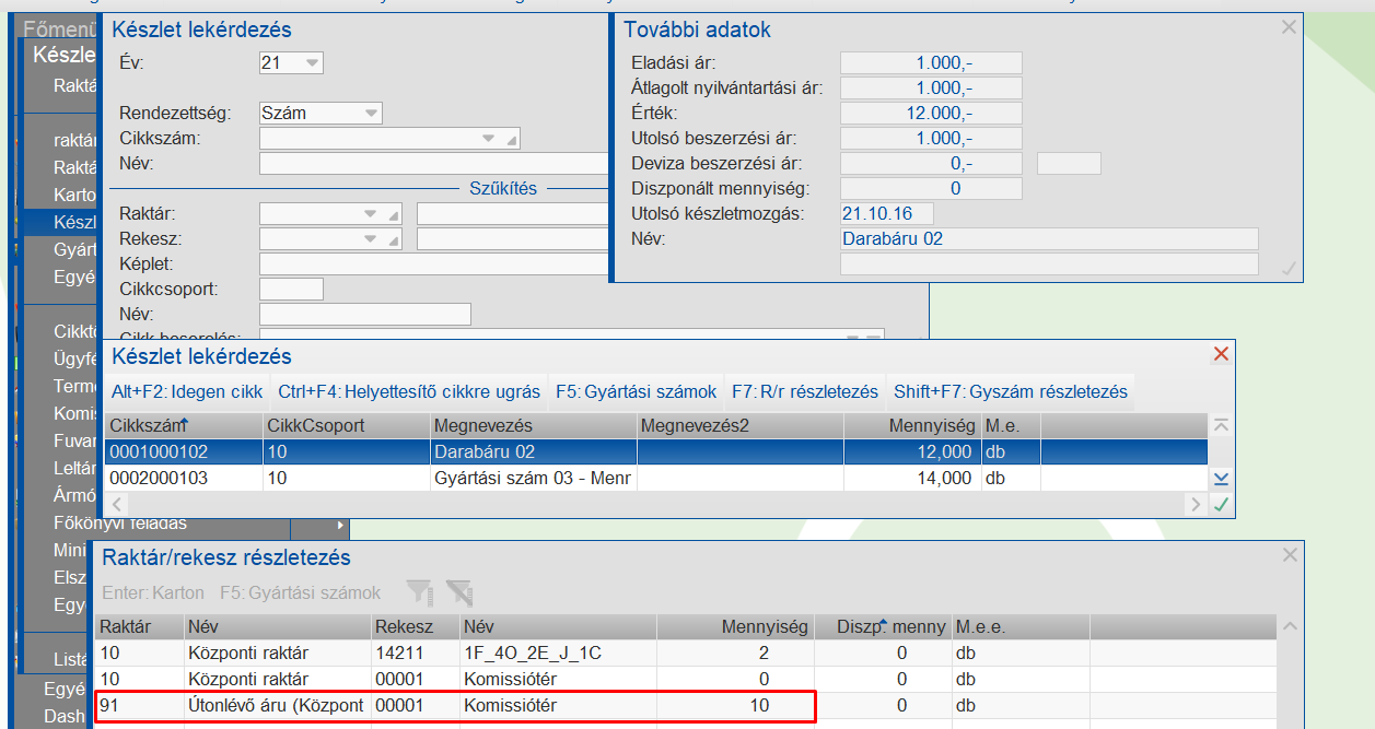 Készletlekérdezés - Útonlévő raktár