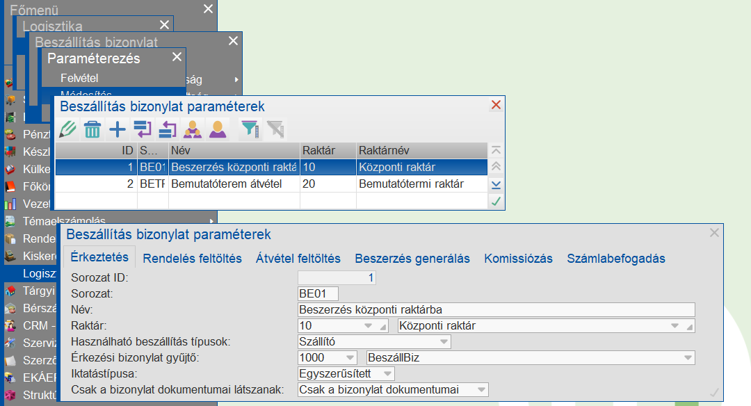 Beszállításbizonylat sorozatfelvétele