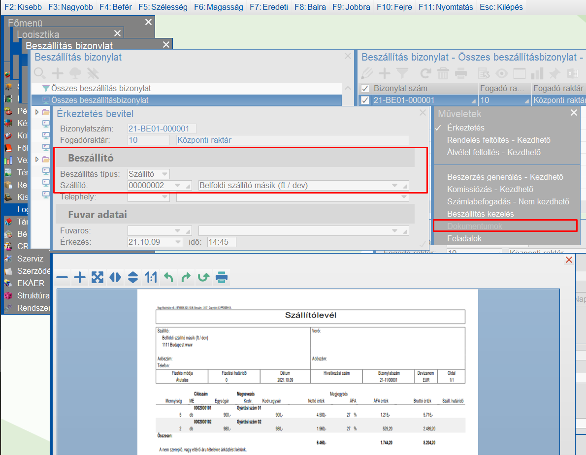 Érkeztetési adatok felvétele és a kapott bizonylat iktatása