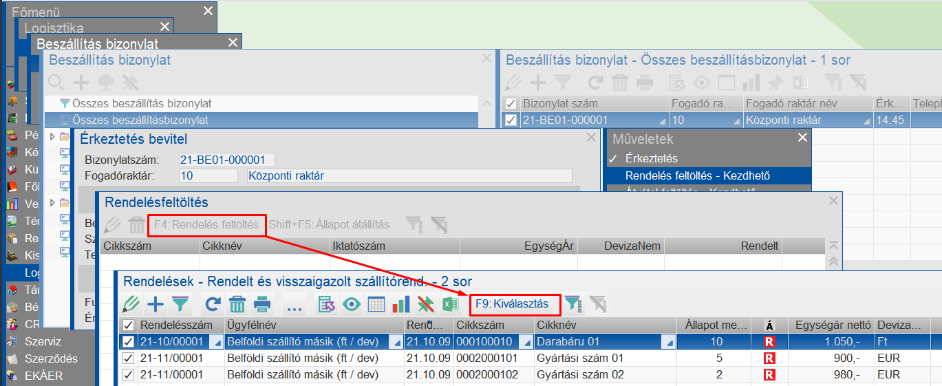 Nyitott szállítórendelések kiválasztása