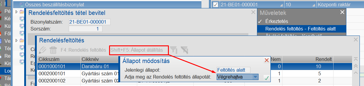 Rendelésfeltöltés befejezése