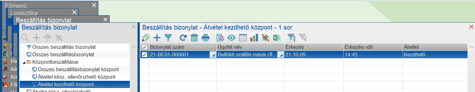 Kezdhető átvételű bizonylatok lekérdezése