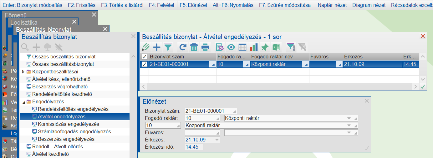 Átvételengedélyezésre váró bizonylatok