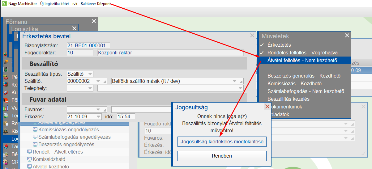 Raktárvezetőnek nincs joga az Átvétel feltöltés menüponthoz
