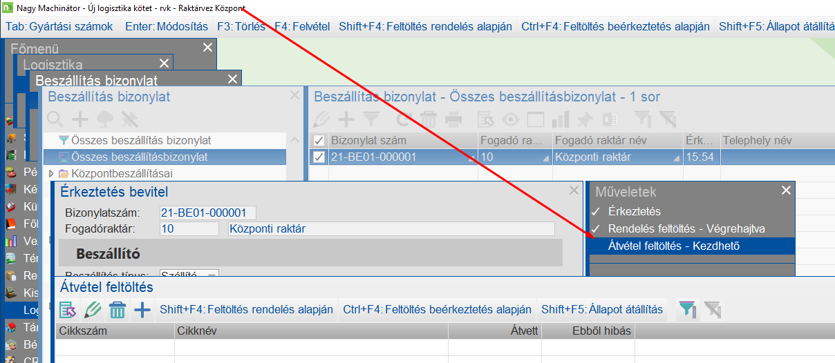 Miután a logisztikus engedélyezte az átvételt, a raktárvezető is elindíthatja a menüpontot