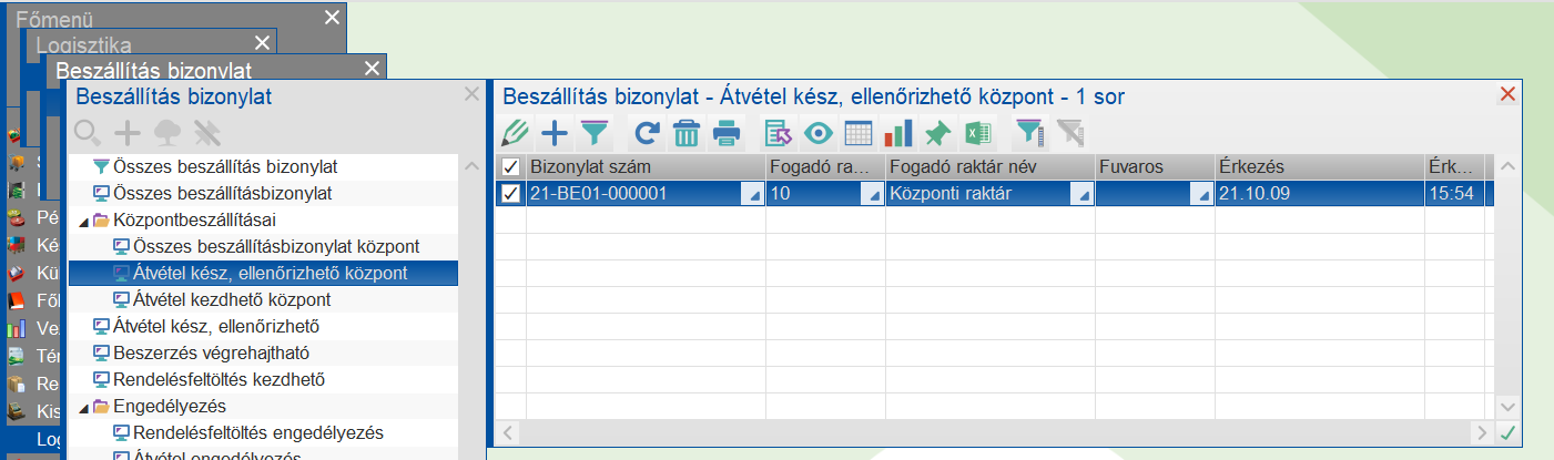 Raktárvezető itt kérdezheti le, hogy mely beszállítások lettek átvéve.&nbsp;