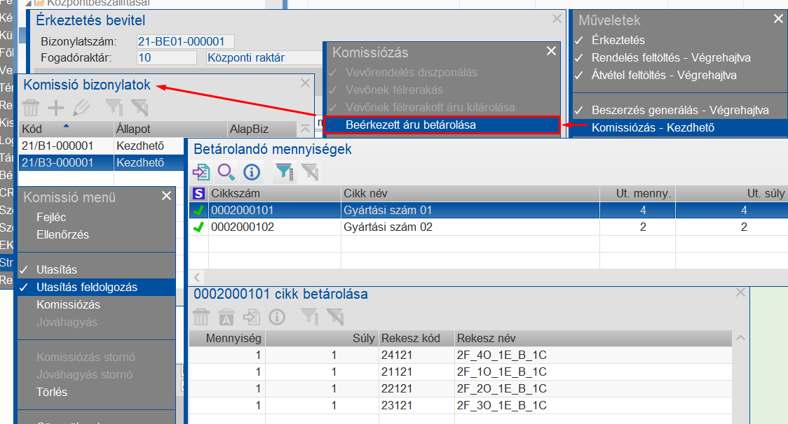 Beérkezet áruk betárolása