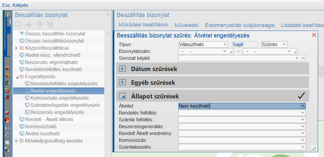 Átvétel engedélyezés szűrés beállítása