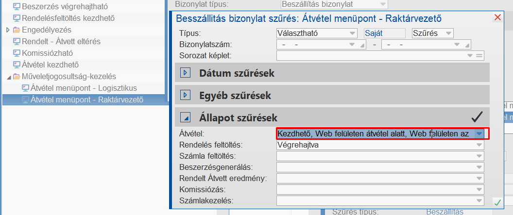 Raktárvezetőre érvényes szűrés