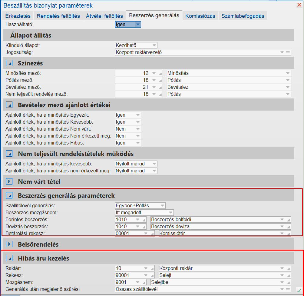 Beszerzésgenerálás paraméterezése