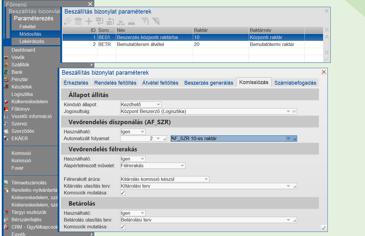 Beszállítás paraméterek