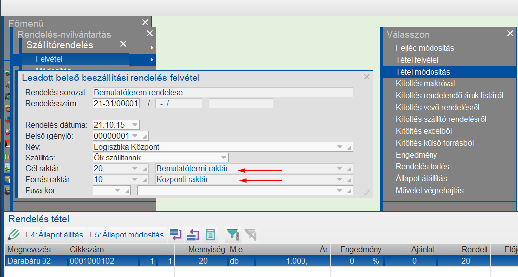 Belsőrendelés felvétele