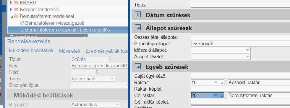 Szállítható belsőrendelés lekérdezés paraméterezése