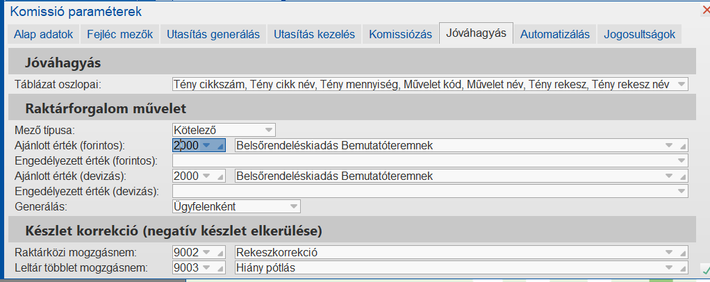 Jóváhagyás paraméterek