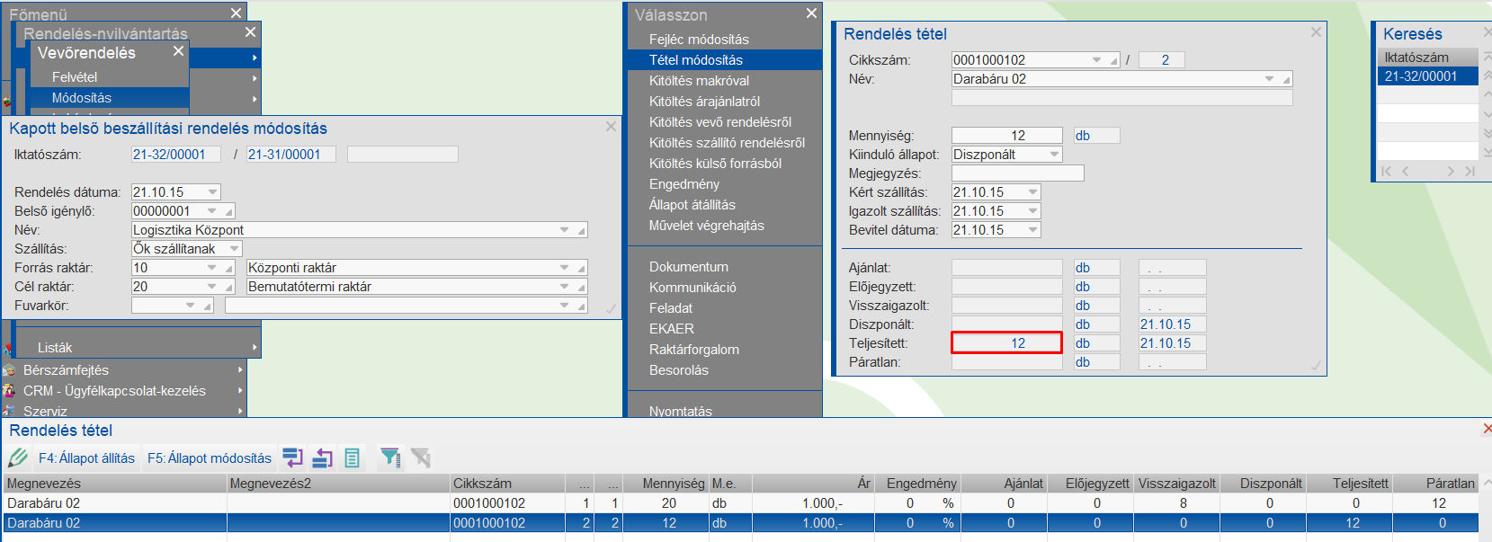 Belsőrendelés vevő oldala teljesített