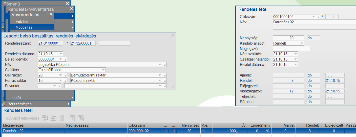 Belső rendelés szállítóoldala nincs teljesítve
