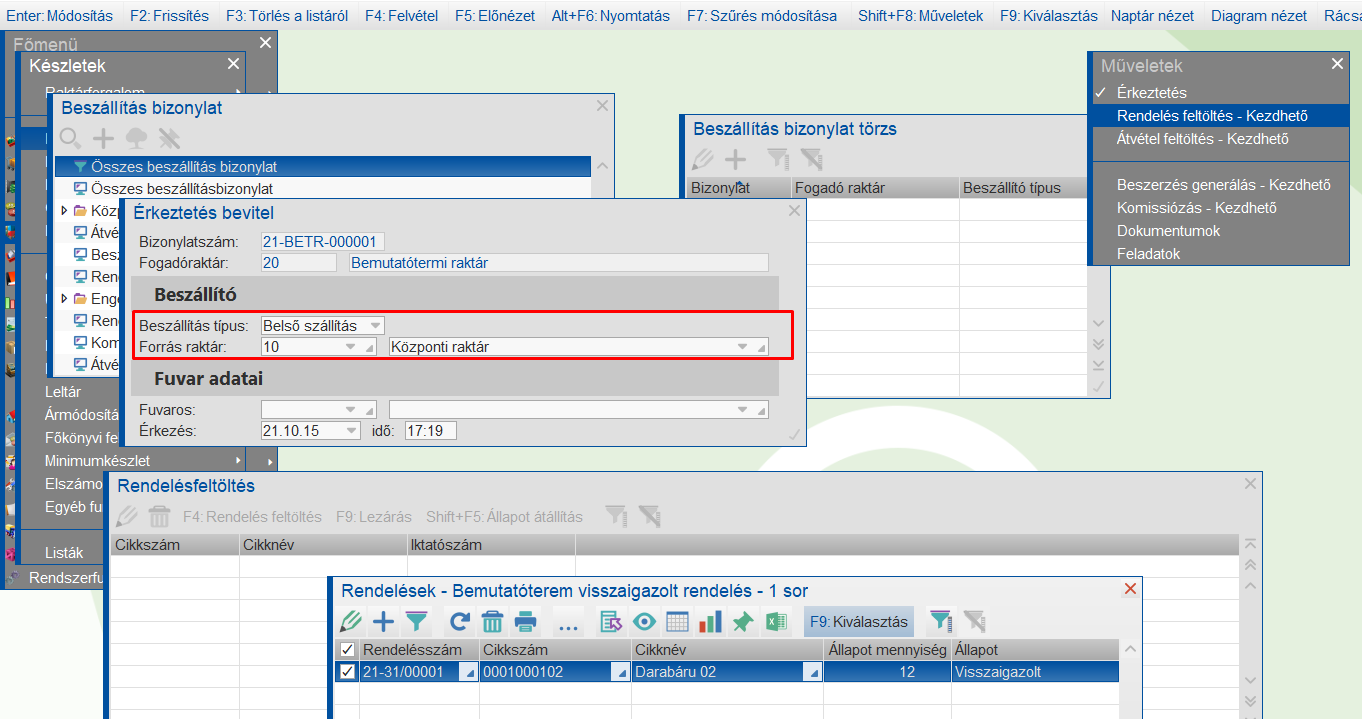 Beszállítás bizonylat belsőrendelés átvétel esetén