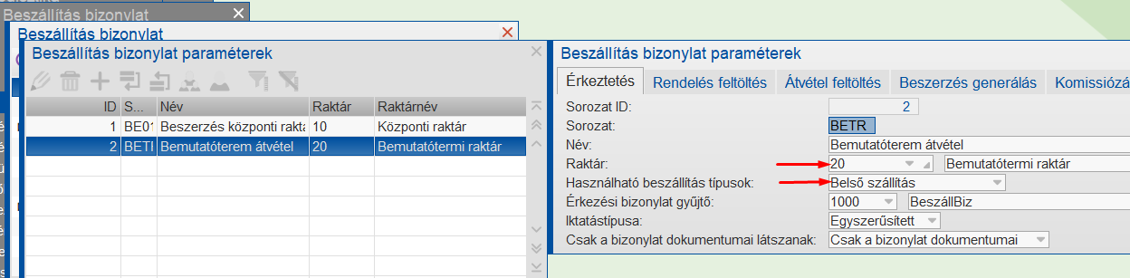 Beszállításbizonylat paraméterezése