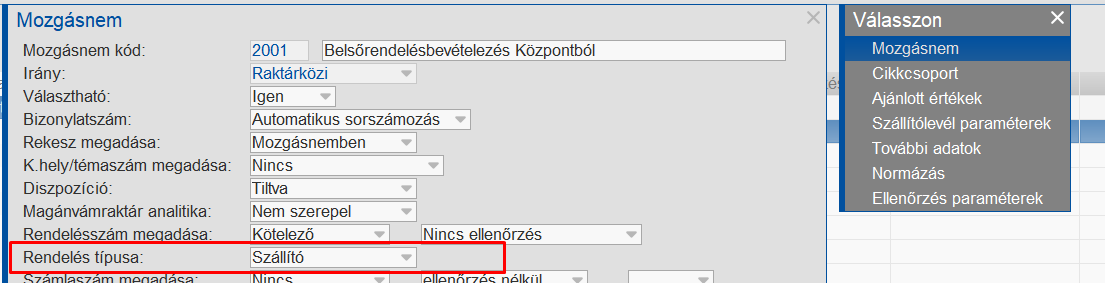 Bevételezésre használt mozgásnem beállítása