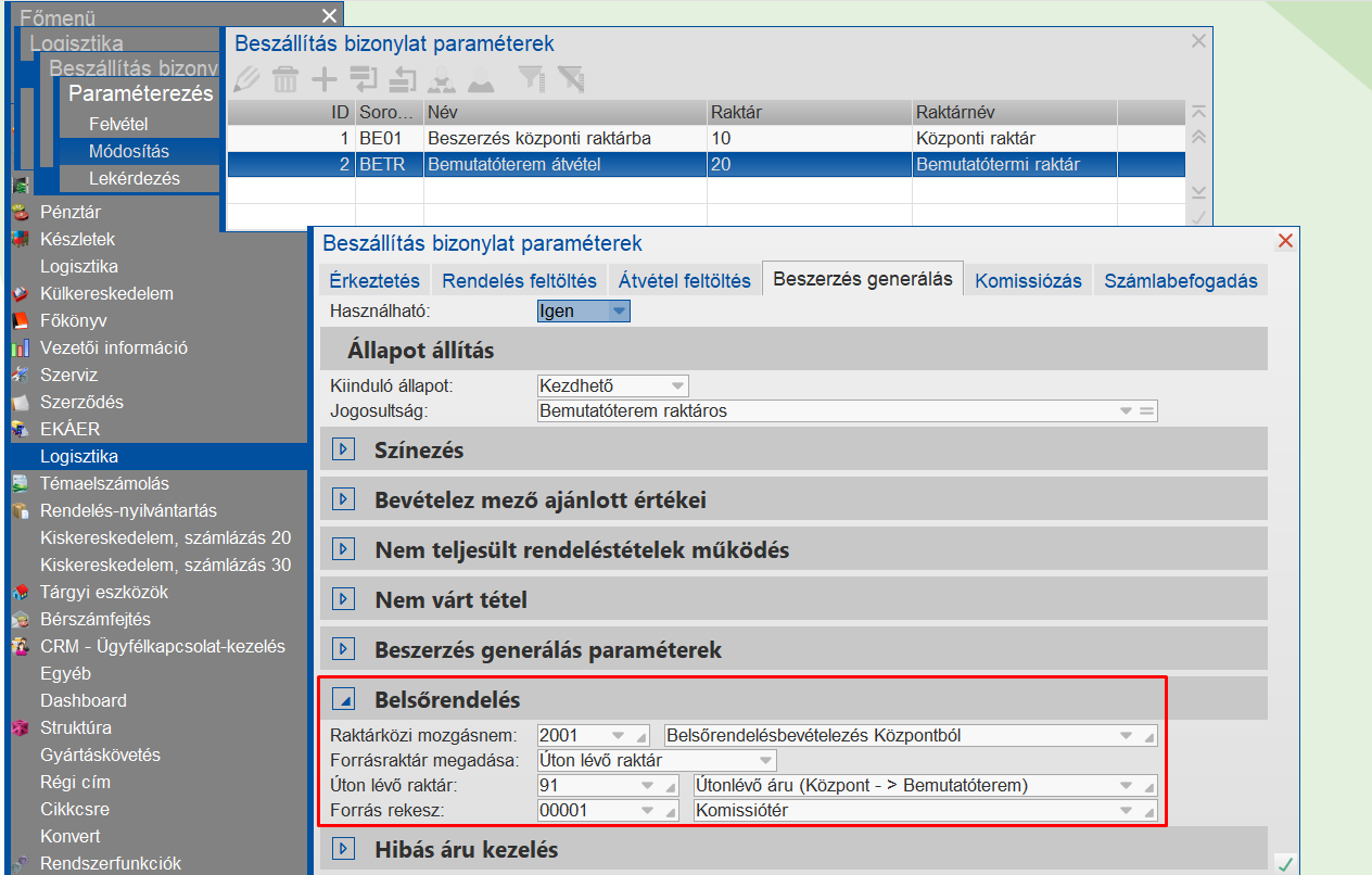 Beszerzés paraméterezés belsőrendelés esetén