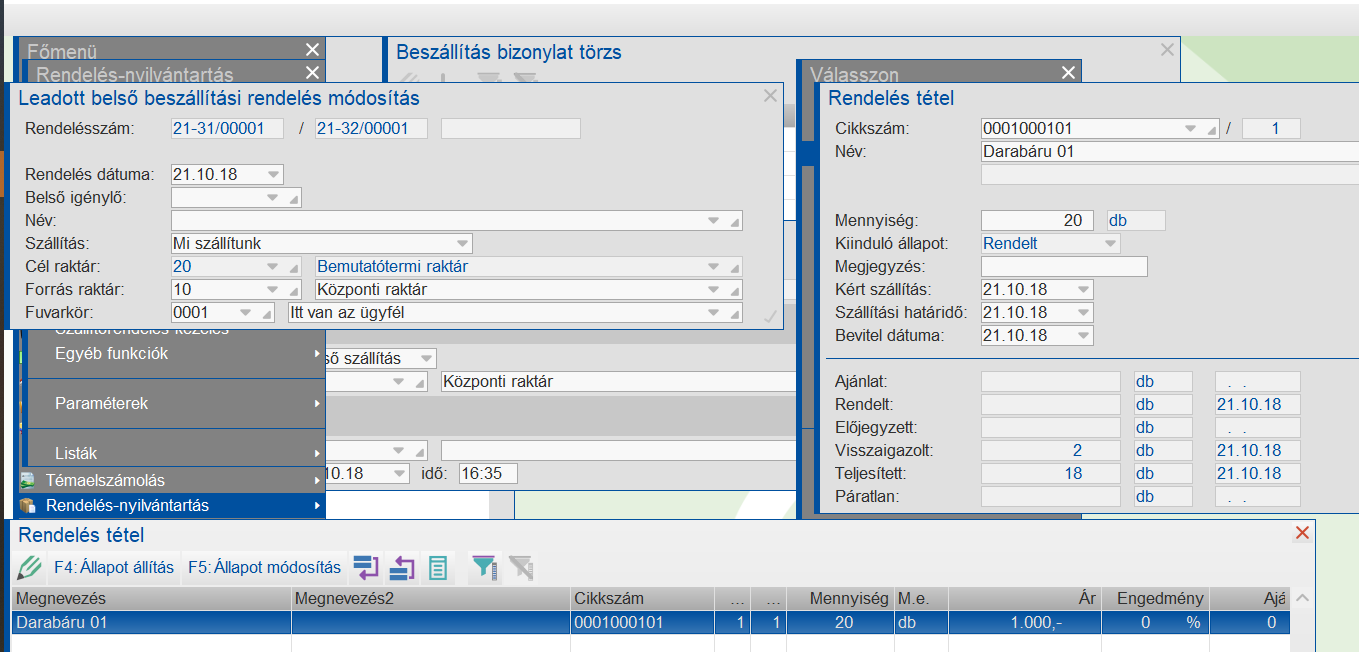 Belsőrendelés (szállítóoldala) beszerzés után