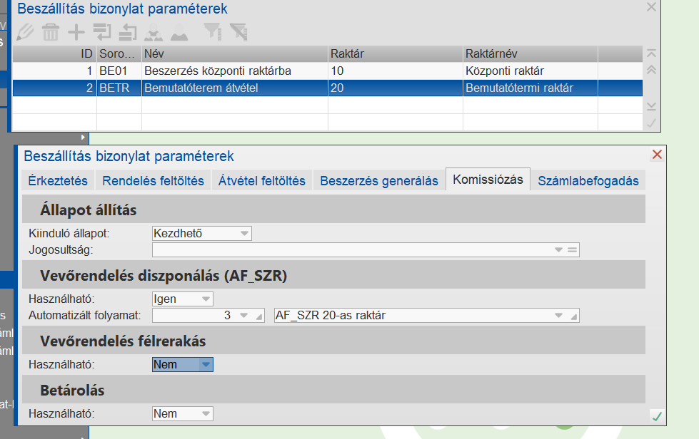 Komissió menüpont paraméterezése a bemutatóterem esetén