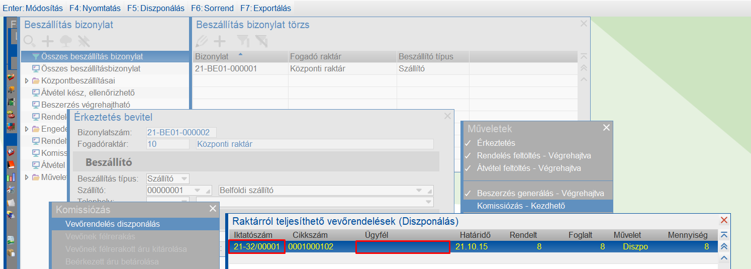 Központi beszállítás esetén a belsőrendelés diszpozícióra jelölése