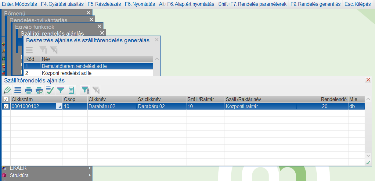 Belsőrendelés felvétele a rendelésajánlás funkcióval