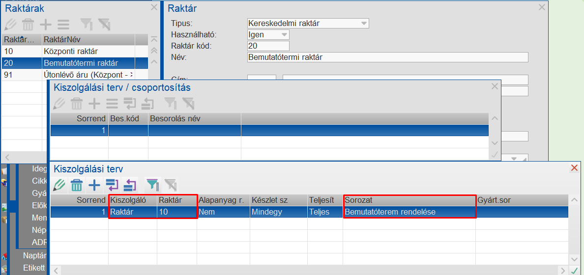 Bemutatóterem kiszolgálási terv