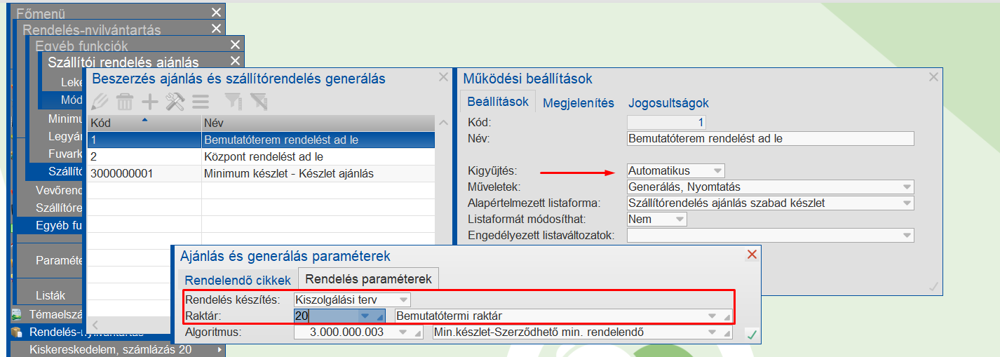 Rendelésajánlás paraméterezése bemutatóterem esetén