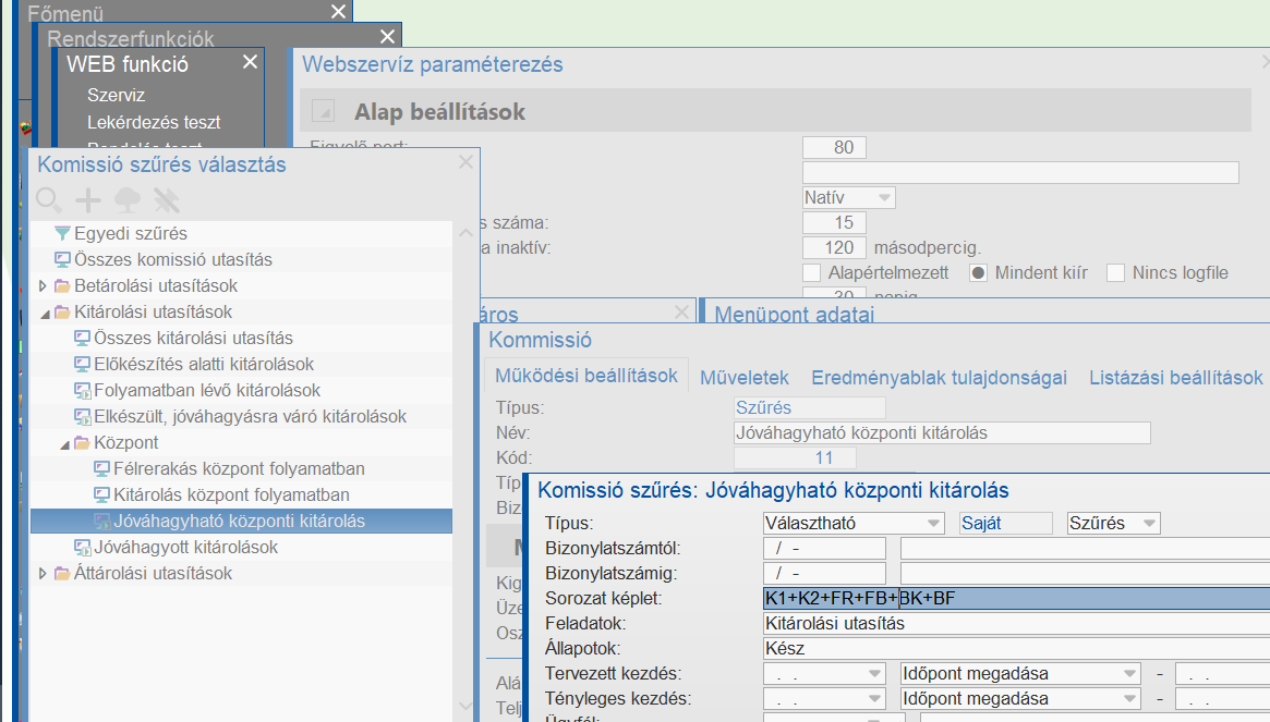Ellenőrzés művelethez a komissió szűrés paraméterezése