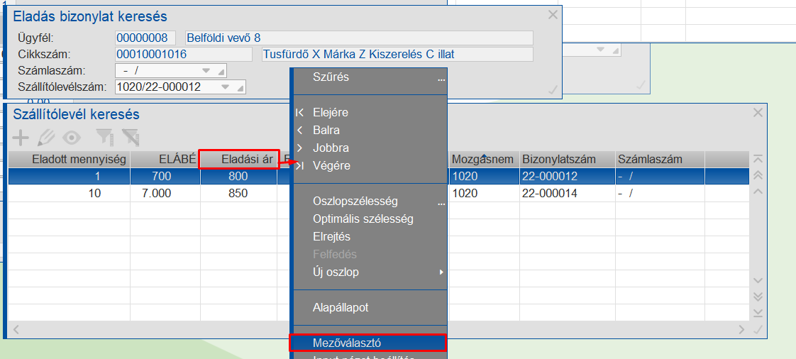 Gridben a mezőválasztó elindítása