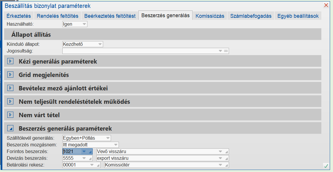 Visszáru mozgásnem megadása