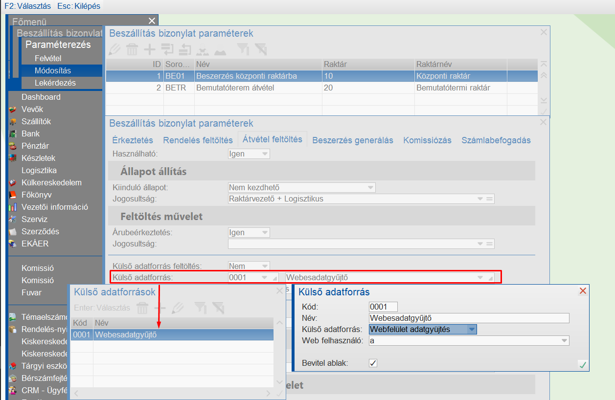 Beszállításbizonylatban az adatgyűjtő beállítása