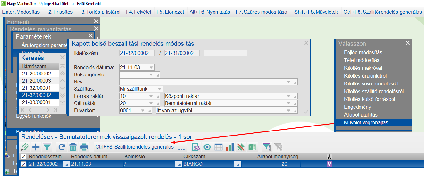 Szállítórendelés leadása belső rendelés alapján