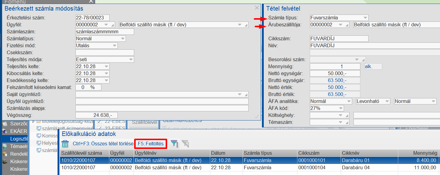Fuvarköltség megadása