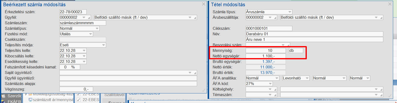 Számla-beérkeztetés módosítása a számlának megfelelően