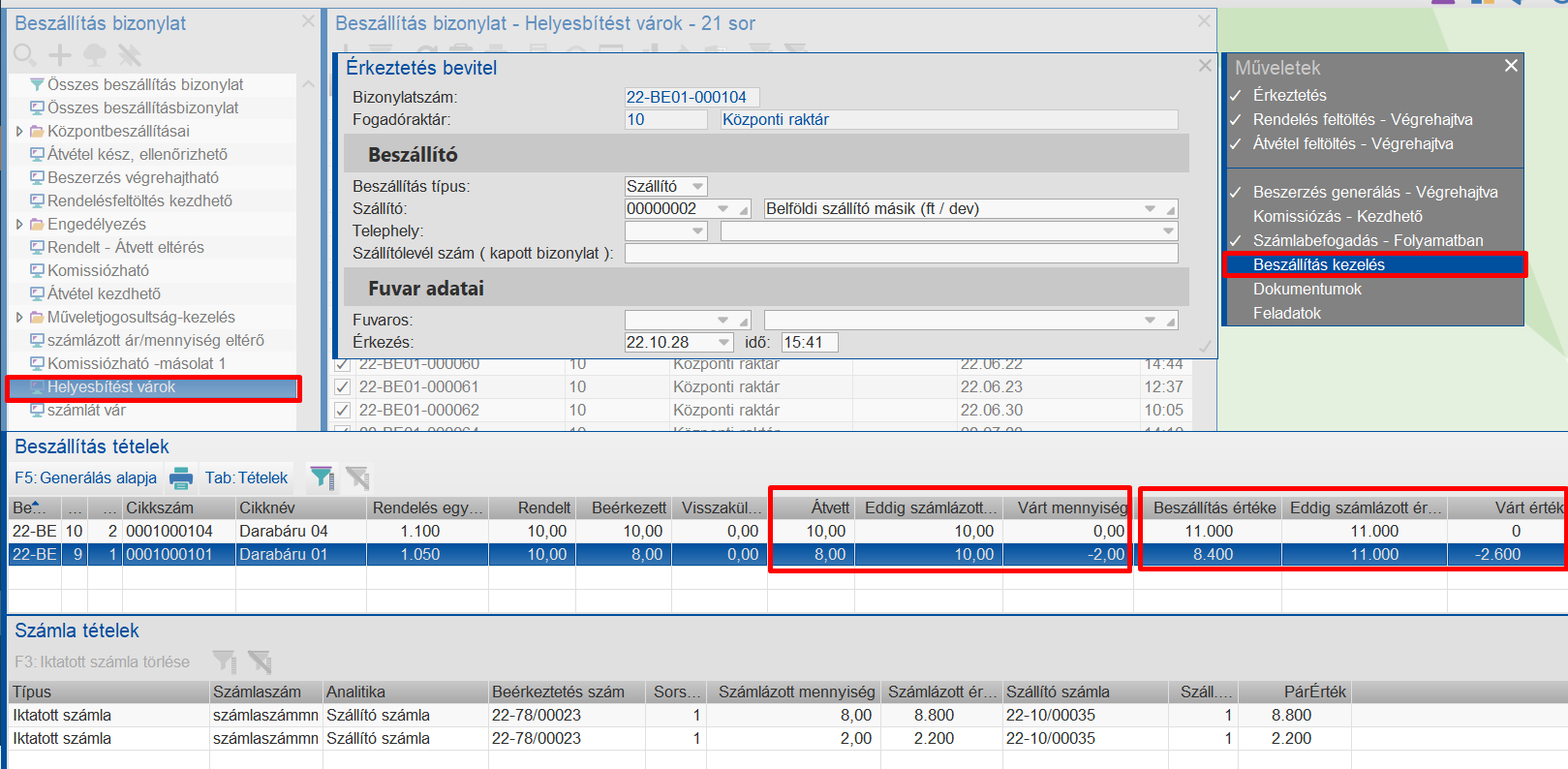Számlázott eltérések lekérdezése