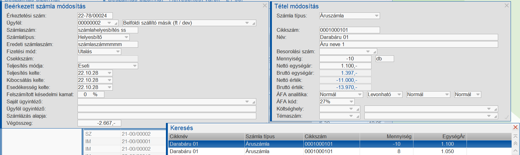 Helyesbítő számla befogadása
