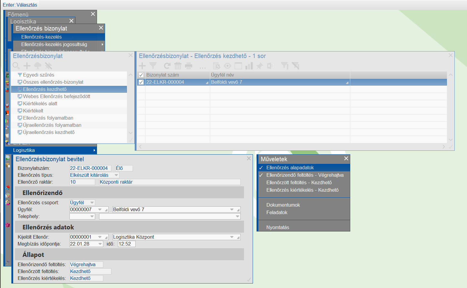 Ellenőrzésbizonylat elindítása az Ellenőrzéskezelés menüpontból