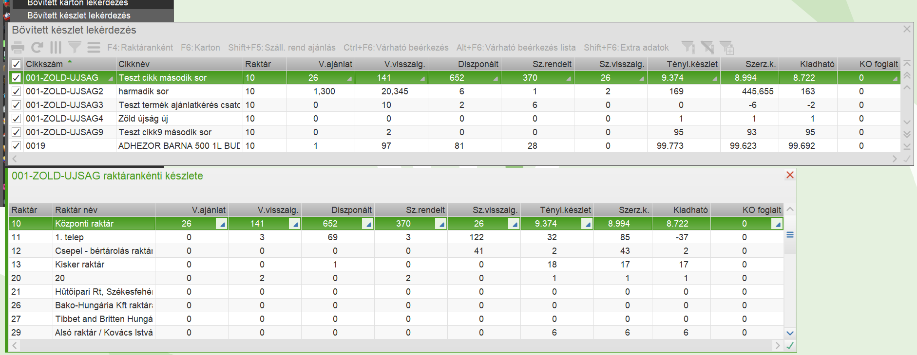 Bővített készlet lekérdezés