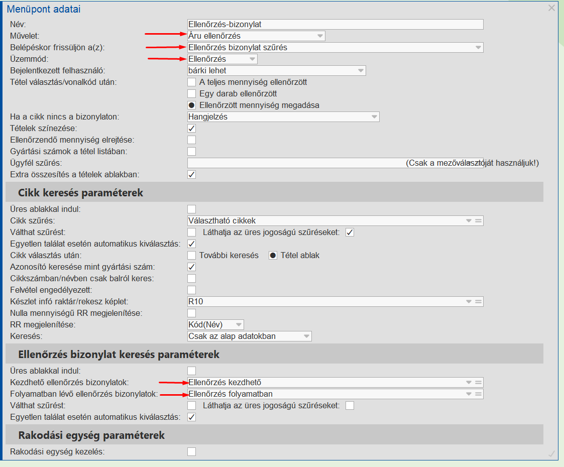 Áru ellenőrzés mobil művelet beállítása