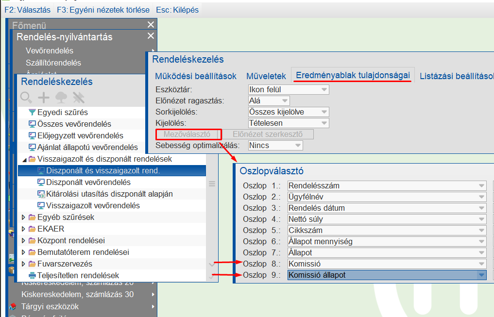 Komissió bizonylatok lekérdezéséhez a vevőrendelés szűrés paraméterezése