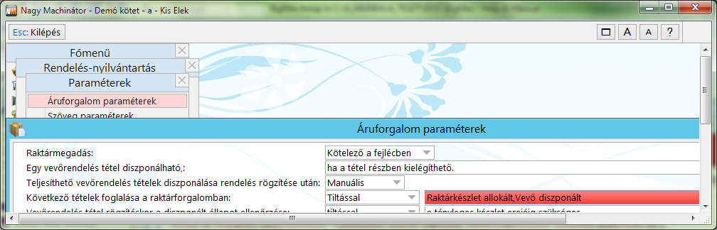 Áruforgalom paraméterek - Foglalás beállítása