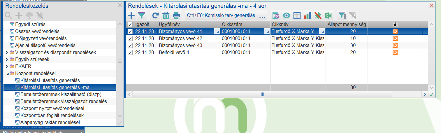 Bizományosi raktárak rendeléseinke lekérdezése