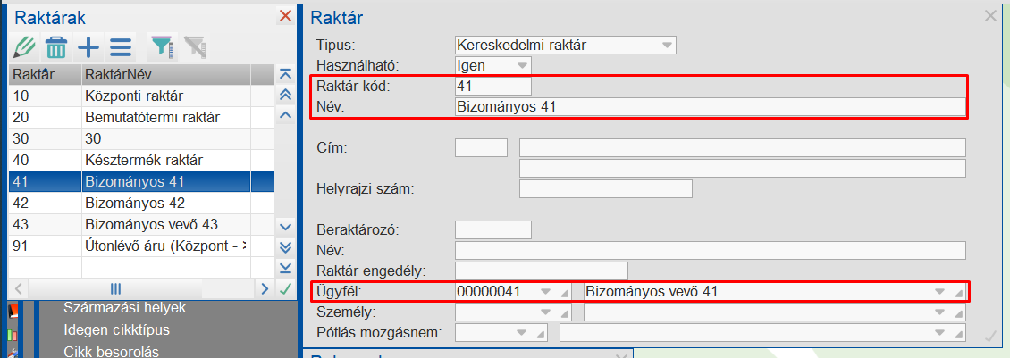 Bizományos vevőnként raktár létrehozása